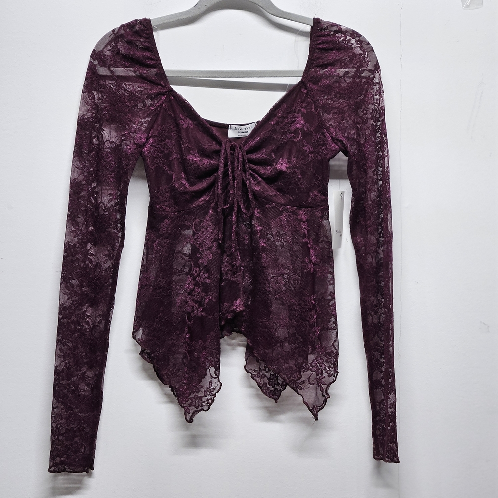 Womens Sheer Lace Top Size Small Long Sleeve Whimsigoth Babydoll Fairy Academia